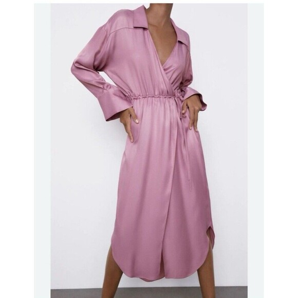 NWT Zara XS Satin Effect Wrap Dress Pale Pink Midi Long Sleeve - Picture 1 of 14